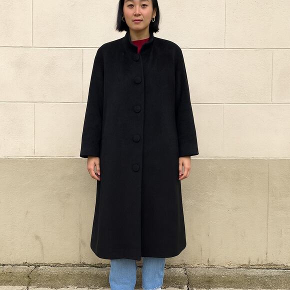 Vintage Orchidea Angora Wool Coat Womens 9‎ Medium Black Button Funnel Neck - Picture 1 of 11